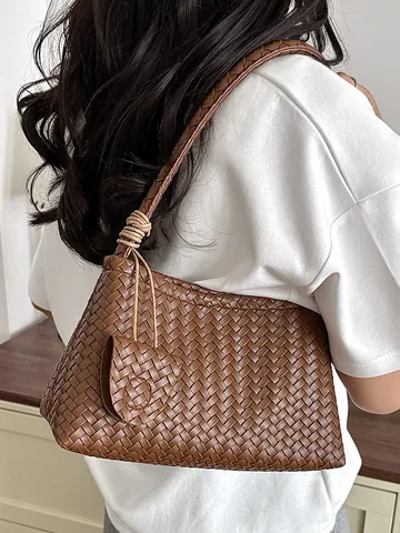 Women Woven PU Leather Underarm Bag Minimalist Shoulder Bag Fashion Hobo Purse For Summer Daily Commute Vintage Square Handbag