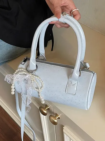 Women cylinder Bag PU Leather Pearl Lace Butterfly Pendant Handbag Sweet Retro Star Embossed Crossbody Barrel Pillow Bag For Summer Daily Women Jewelry