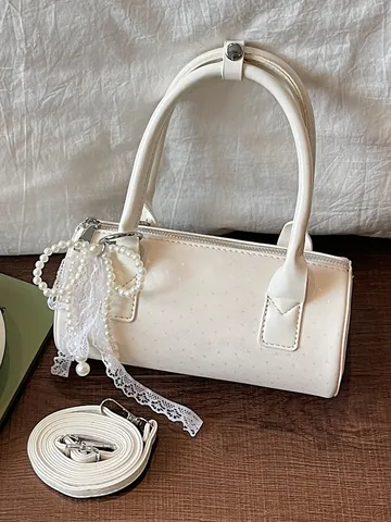 Women cylinder Bag PU Leather Pearl Lace Butterfly Pendant Handbag Sweet Retro Star Embossed Crossbody Barrel Pillow Bag For Summer Daily Women Jewelry