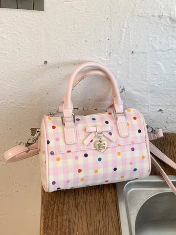 Bolso Boston de Lunares Dulce para Mujer Mini Bolso Bandolera de PU Con Lazo y Colgante de Conejo Bolso Almohada de Moda