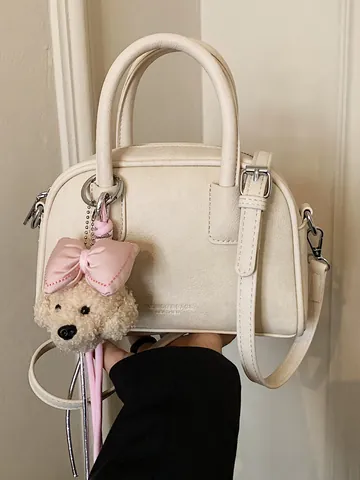 Women Fashion PU Leather Pillow Bag Versatile Solid Color Crossbody Shoulder Bag Small Boston Handbag With Cute Plush Charm