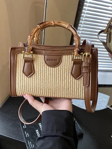 Vintage Straw Woven Handbag For Women With Natural Bamboo Handle PU Leather Trim Crossbody Summer Beach Vacation Bag