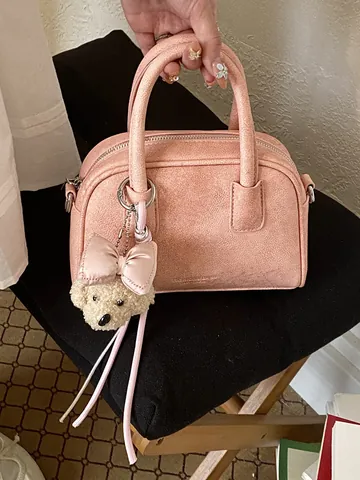 Women Fashion PU Leather Pillow Bag Versatile Solid Color Crossbody Shoulder Bag Small Boston Handbag With Cute Plush Charm