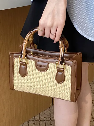 Vintage Straw Woven Handbag For Women With Natural Bamboo Handle PU Leather Trim Crossbody Summer Beach Vacation Bag