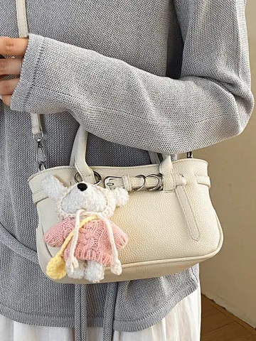 Borsa Tote Mini da Donna in Pelle PU con Trama a Ciottoli Fibbia in Metallo Borsa a Tracolla con Ciondolo a Cartone Animato