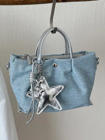 Dames Denim Dumpling Tas Strass Ster Hanger Crossbody Handtas Koreaanse Stijl Casual Forens Schoudertas Blauw Denim