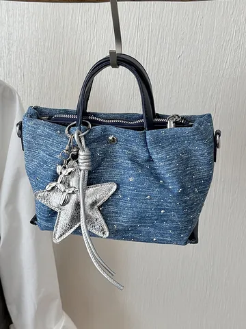 Dames Denim Dumpling Tas Strass Ster Hanger Crossbody Handtas Koreaanse Stijl Casual Forens Schoudertas Blauw Denim