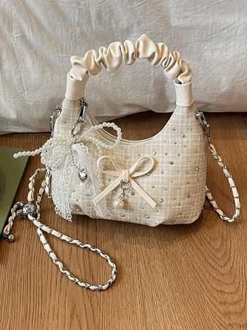 Sac Bandoulière Lune en Toile Plissée Vintage pour Femmes Élégant Sac à Main Nœud en Perle Sac Épaule avec Chaîne