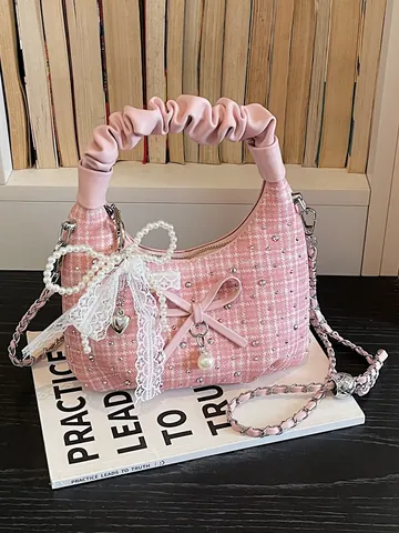 Sac Bandoulière Lune en Toile Plissée Vintage pour Femmes Élégant Sac à Main Nœud en Perle Sac Épaule avec Chaîne