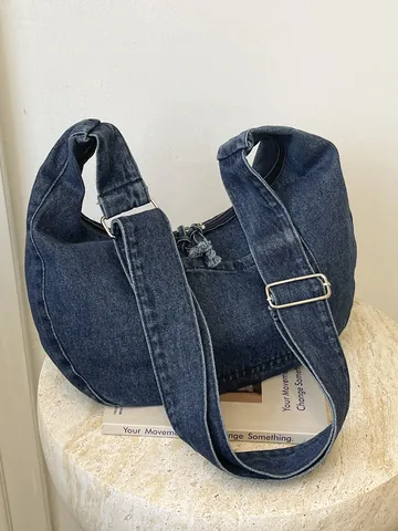 Women Large Capacity Denim Hobo Bag Casual Solid Color Washed Denim Shoulder Bag For University School Crossbody Bag