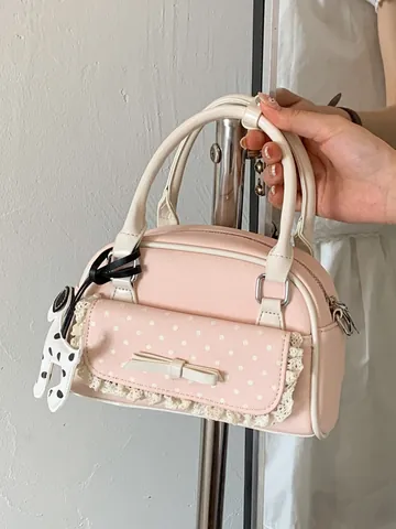 Elegante Vintage Dames Stippenpatroon Kant Strik Handtas 2026 Lente Contrastkleur Crossbody Kleine Vierkante Tas