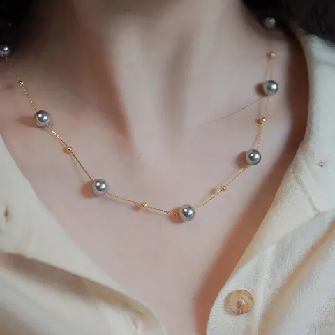 Elegant 18K Gold Plated Titanium Steel Gypsophila Necklace For Women Grey Artificial Pearl Chain Necklace Jewelry Gift