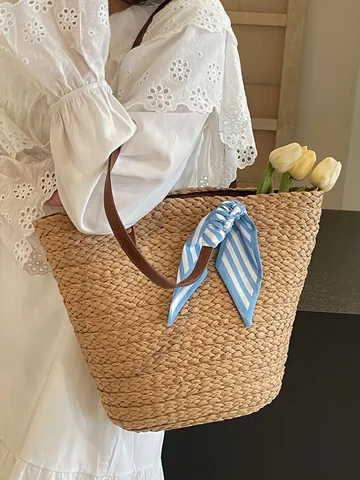 Handmade Straw Woven Tote Bag For Women Large Capacity Beach Vacation Shoulder Bag With Striped Scarf And Rivet Decor Boho Straw Handbag