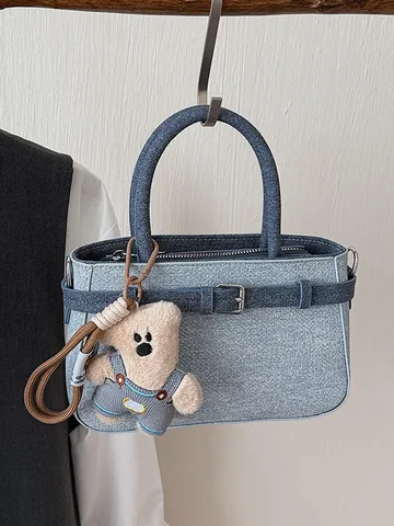 Damen Vintage Color-Block Handtasche Mit Bären-Anhänger Luxus PU-Leder Umhängetasche Für Büro Alltag