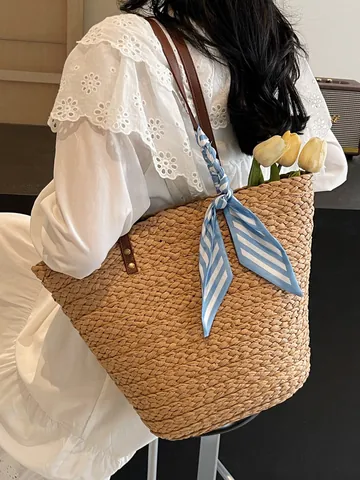 Handmade Straw Woven Tote Bag For Women Large Capacity Beach Vacation Shoulder Bag With Striped Scarf And Rivet Decor Boho Straw Handbag