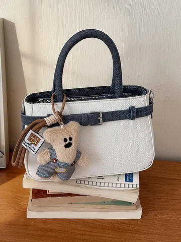 Damen Vintage Color-Block Handtasche Mit Bären-Anhänger Luxus PU-Leder Umhängetasche Für Büro Alltag