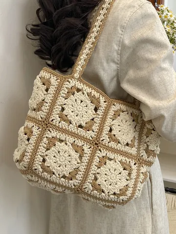Handgehäkelte Tote Bag Für Damen Vintage Granny Square Blumenmuster Große Kapazität Sommer Strand Umhängetasche Baumwolle