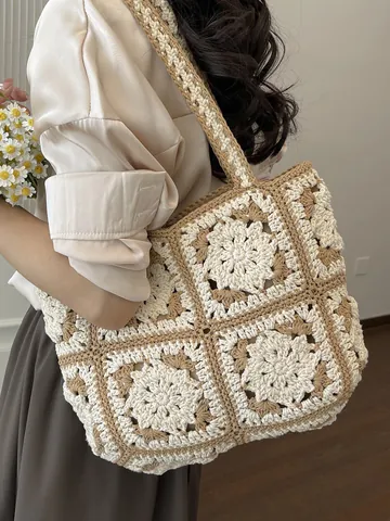 Handgehäkelte Tote Bag Für Damen Vintage Granny Square Blumenmuster Große Kapazität Sommer Strand Umhängetasche Baumwolle
