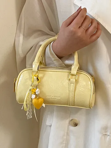 Women Fashion PU Leather Pillow Bag Elegant Boston Handheld Crossbody Shoulder Bag With Pendant Solid Color Casual Purse