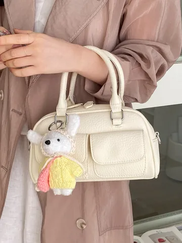 Women Boston Handbag Elegant PU Leather Lychee Pattern Crossbody Bag Small Square Shoulder Bag With Optional Bunny Pendant
