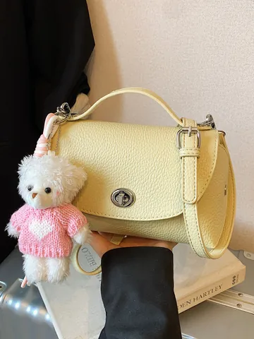 Women Retro PU Leather Small Square Bag With Bear Pendant Crossbody Shoulder Handbag Vintage Solid Color Turn-lock Satchel