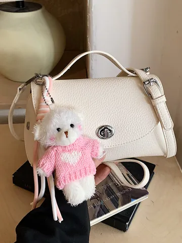 Women Retro PU Leather Small Square Bag With Bear Pendant Crossbody Shoulder Handbag Vintage Solid Color Turn-lock Satchel