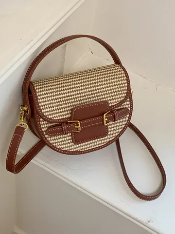 Women Straw Woven Saddle Bag Vintage PU Leather Patchwork Summer Beach Vacation Shoulder Crossbody Bag Handheld Purse