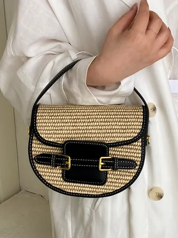 Women Straw Woven Saddle Bag Vintage PU Leather Patchwork Summer Beach Vacation Shoulder Crossbody Bag Handheld Purse