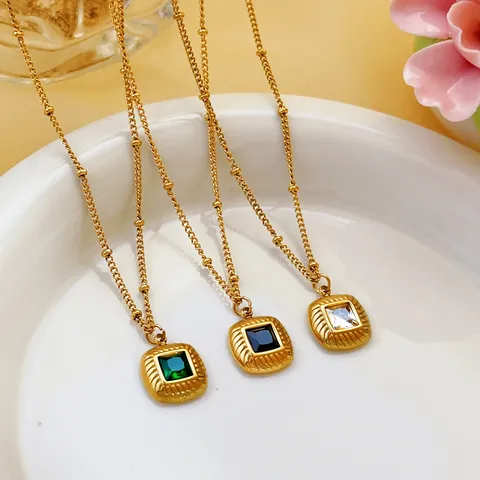 French Retro Titanium Steel 18K Gold Plated Square Sugar Cube Earrings Necklace With Threaded Border Glass Stone Inlay For Women