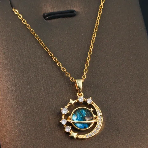 Dreamy Planet Series Necklace Zirconia Inlaid Copper Pendant Stainless Steel Chain Moon Star Astronaut Necklaces For Women Jewelry