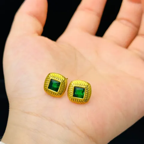 French Retro Titanium Steel 18K Gold Plated Square Sugar Cube Earrings Necklace With Threaded Border Glass Stone Inlay For Women