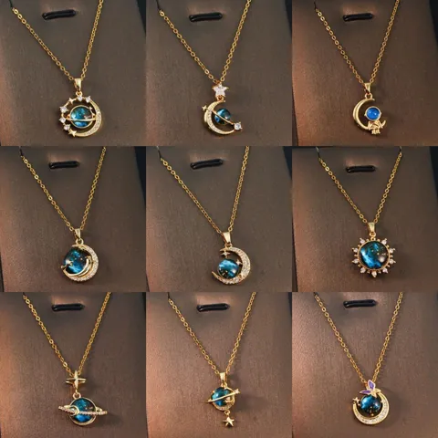 Dreamy Planet Series Necklace Zirconia Inlaid Copper Pendant Stainless Steel Chain Moon Star Astronaut Necklaces For Women Jewelry