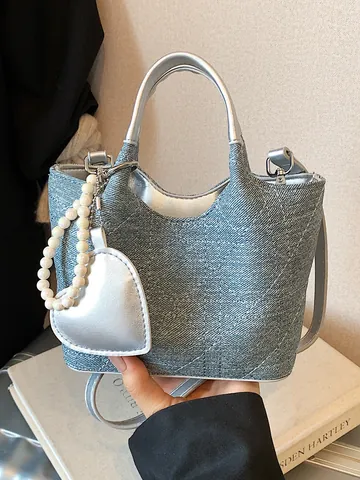 Women Denim PU Leather Bucket Bag Diamond Quilted Color Block Top Handle Crossbody Handbag With Artificial Pearl Heart Charm