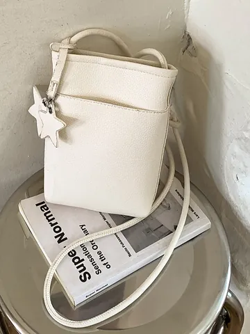 Damen Mini Eimer Handytasche Modisch Litschikorn PU Leder Sternanhänger Geflochtener Riemen Retro Umhängetasche Schultertasche