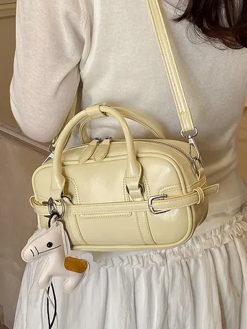 Women Minimalist PU Leather Boston Bag Versatile Commuter Handbag Single Shoulder Crossbody Bag Retro Pillow Bag With Pony Charm