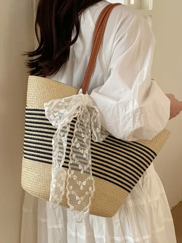 Bolso Tote de Paja Tejido a Mano para Mujer Rayado Verano Playa Bolso de Cubo Con Lazo de Encaje Asas de Cuero Gran Capacidad