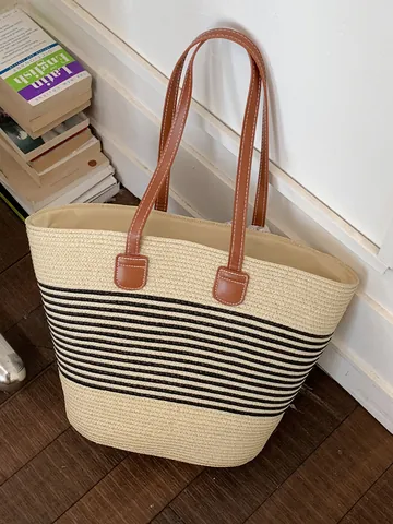Bolso Tote de Paja Tejido a Mano para Mujer Rayado Verano Playa Bolso de Cubo Con Lazo de Encaje Asas de Cuero Gran Capacidad