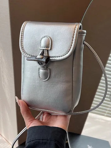 Women Mini PU Leather Phone Crossbody Bag With Toggle Buckle Fashion Metallic Pearl Solid Color Shoulder Messenger Bag