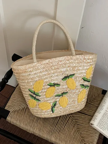 Bolso de Mano de Paja Hecho a Mano Bolso de Playa de Verano para Mujer Dulce Bordado de Frutas Estilo Pastoral Vacaciones Bolso