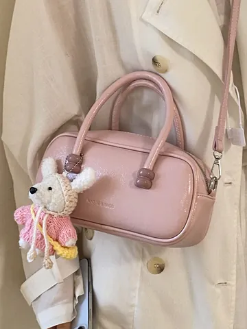 Women's PU Leather Bowling Bag Crossbody Shoulder Handbag Minimalist Commuter Small Square Bag With Plush Rabbit Pendant