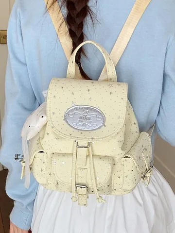 Women Sweet Star Pattern Canvas Backpack Preppy Style Flap Drawstring Rucksack For School Daily Casual Teens Daypack