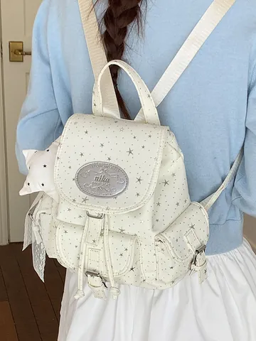 Women Sweet Star Pattern Canvas Backpack Preppy Style Flap Drawstring Rucksack For School Daily Casual Teens Daypack