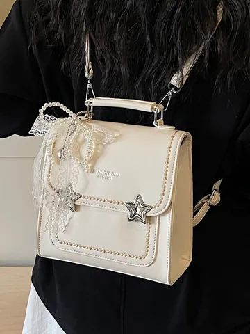 Zaino da Donna alla Moda in Pelle PU Con Fibbia a Stella Pendente Fiocco in Perle Artificiali Piccola Cartella per Viaggi Studenti Urbano