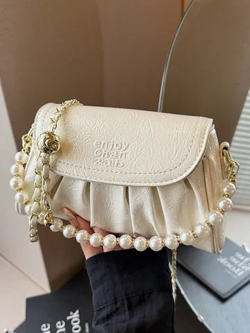 Borsa a Tracolla da Donna in Pelle PU Plissettata Borsa a Spalla con Catena di Perle Artificiali Elegante Borsa a Mano Designer di Nicchia con Lettere