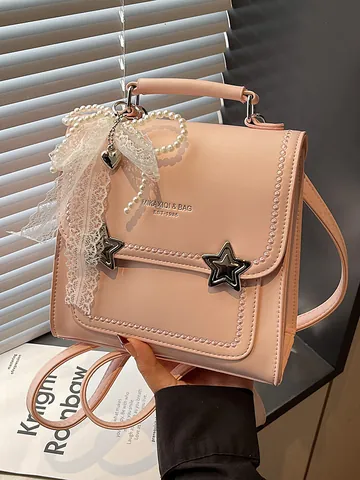 Zaino da Donna alla Moda in Pelle PU Con Fibbia a Stella Pendente Fiocco in Perle Artificiali Piccola Cartella per Viaggi Studenti Urbano