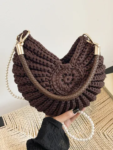 Women Conch Shell Woven Handbag Summer Beach Straw Crossbody Bag With Artificial Pearl Strap Casual Shoulder Bag