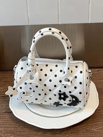 Dames Polka Dot Boston Tas PU Leer Handtas Ruitpatroon Gewatteerde Crossbody Tas Ster Maan Hanger Mode Forens Tas