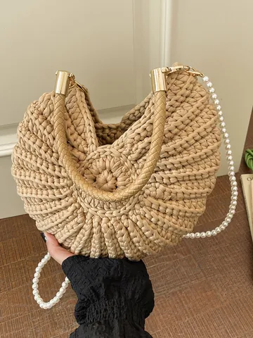 Women Conch Shell Woven Handbag Summer Beach Straw Crossbody Bag With Artificial Pearl Strap Casual Shoulder Bag