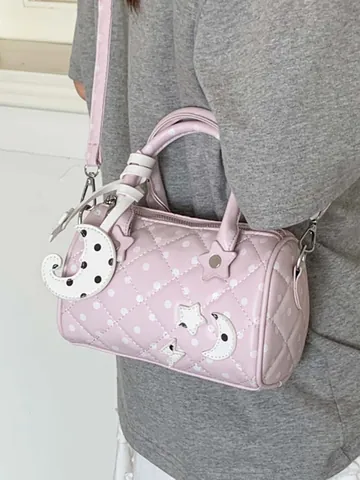 Dames Polka Dot Boston Tas PU Leer Handtas Ruitpatroon Gewatteerde Crossbody Tas Ster Maan Hanger Mode Forens Tas