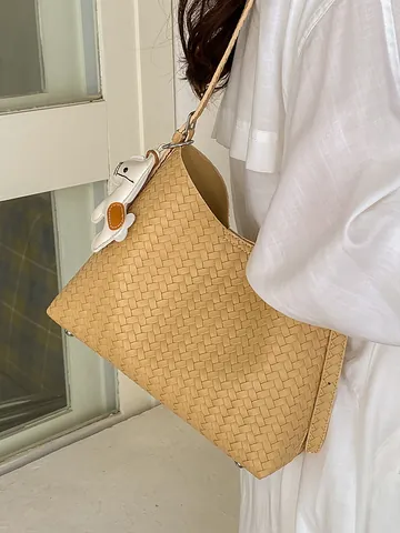 Damen Gewebte Achseltasche PU Leder Handgewebte Beuteltasche Umhängetasche Mit Pferdeanhänger Mode Einfache Schultertasche